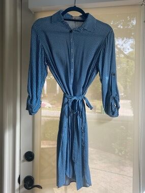 Tina Stephens Blue Geometric Belted Shirt Dress XS Rayon